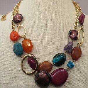 Double Strand Multi Color Beaded Necklace Gold Tone